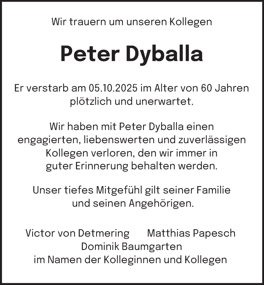  Traueranzeige für Peter Dyballa vom 18.10.2025 aus Tageszeitung