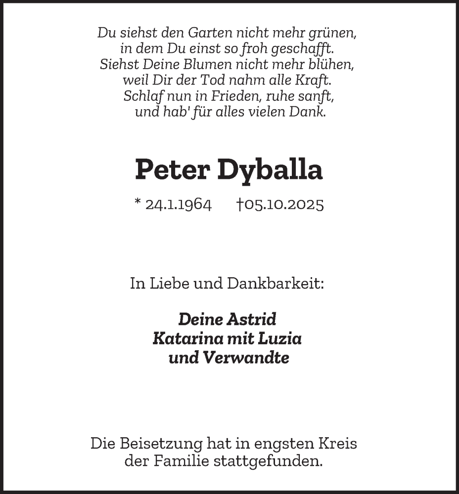  Traueranzeige für Peter Dyballa vom 18.10.2025 aus Tageszeitung