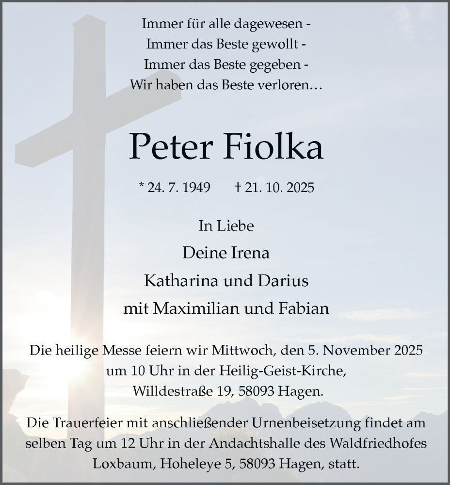  Traueranzeige für Peter Fiolka vom 01.11.2025 aus Tageszeitung