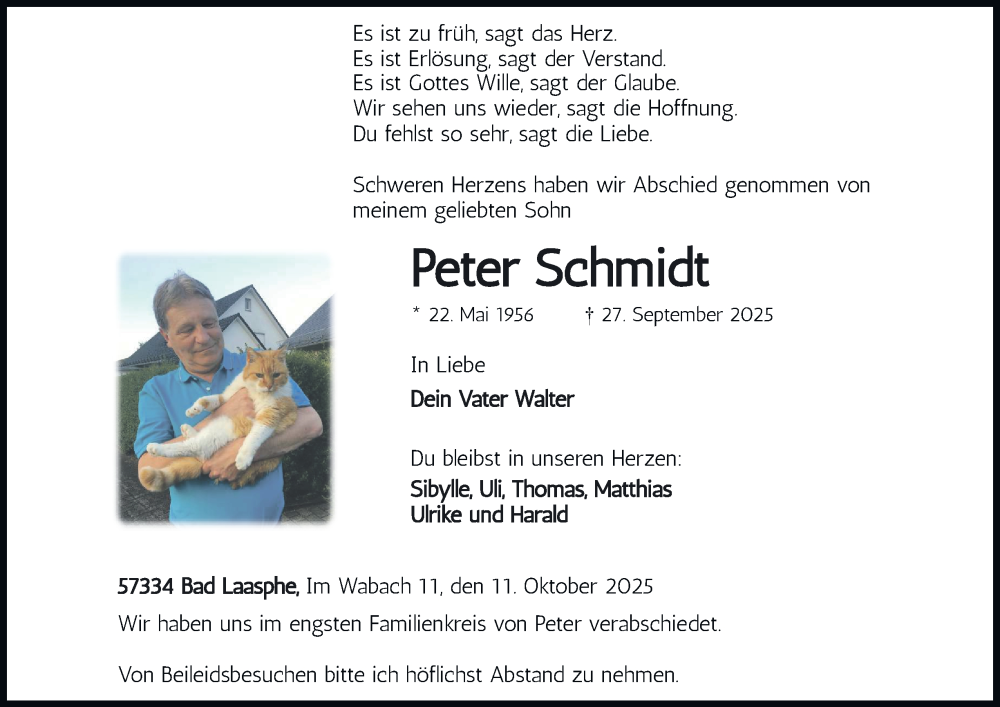  Traueranzeige für Peter Schmidt vom 11.10.2025 aus Tageszeitung
