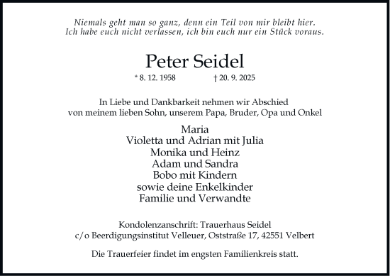 Traueranzeige von Peter Seidel von Tageszeitung