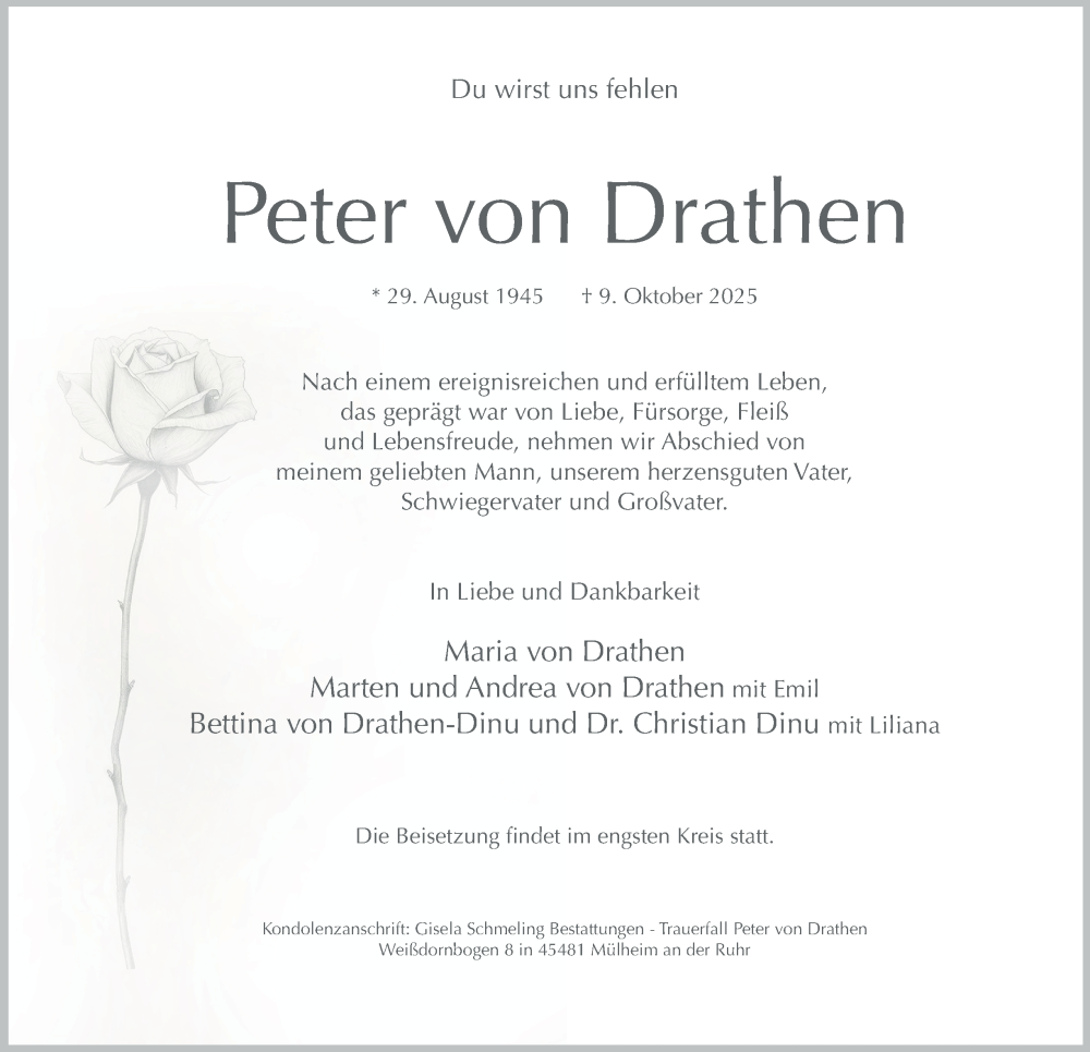  Traueranzeige für Peter von Drathen vom 18.10.2025 aus Tageszeitung