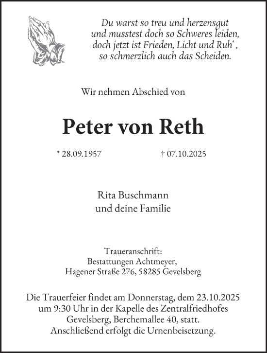 Traueranzeige von Peter von Reth von Tageszeitung