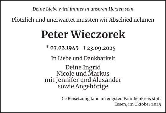 Traueranzeige von Peter Wieczorek von Tageszeitung