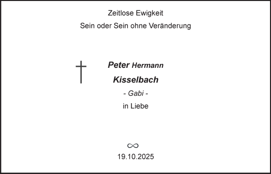Traueranzeige von Peter Hermann Kisselbach von Tageszeitung