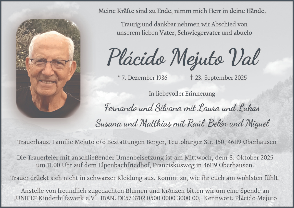  Traueranzeige für Plácido Mejuto Val vom 04.10.2025 aus Tageszeitung