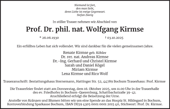 Traueranzeige von Prof. Dr. phil. nat. Wolfgang Kirmse von Tageszeitung