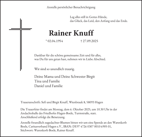 Traueranzeige von Rainer Knuff von Tageszeitung