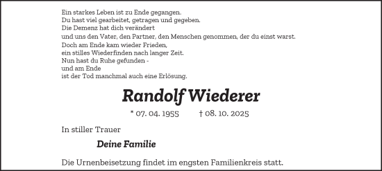 Traueranzeige von Randolf Wiederer von Tageszeitung