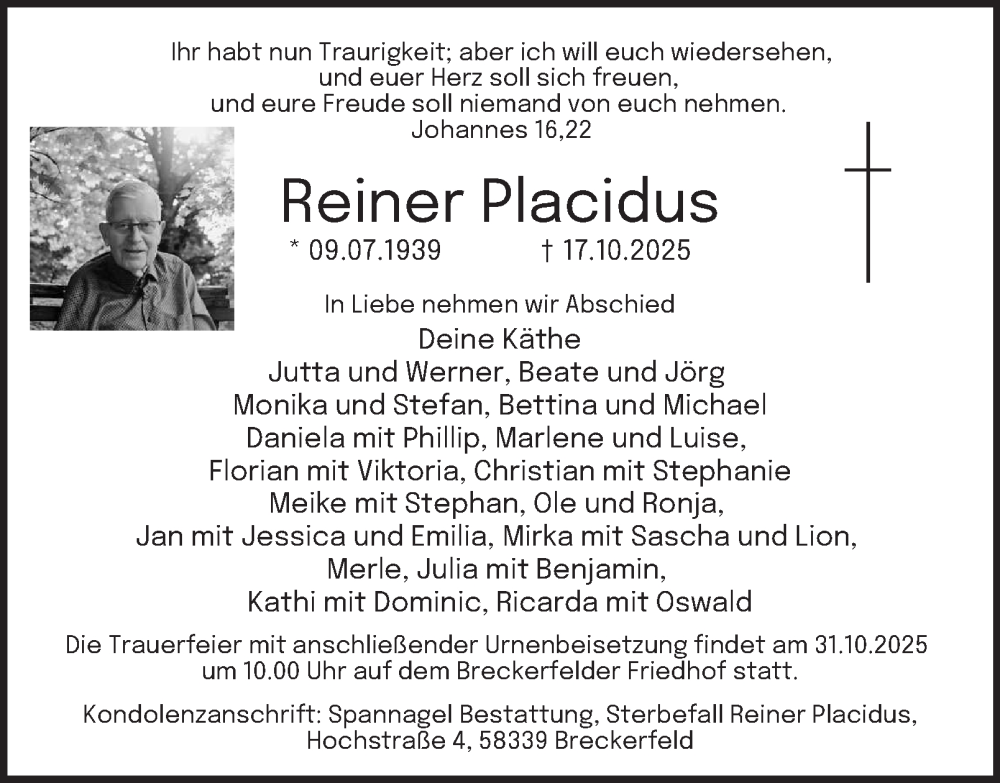  Traueranzeige für Reiner Placidus vom 25.10.2025 aus Tageszeitung