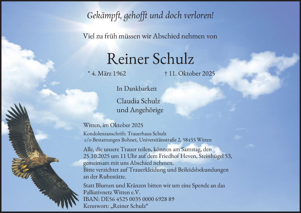  Traueranzeige für Reiner Schulz vom 18.10.2025 aus Tageszeitung
