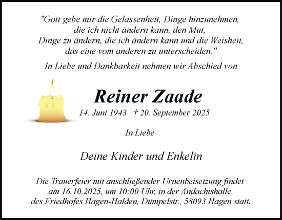 Traueranzeige von Reiner Zaade von Tageszeitung