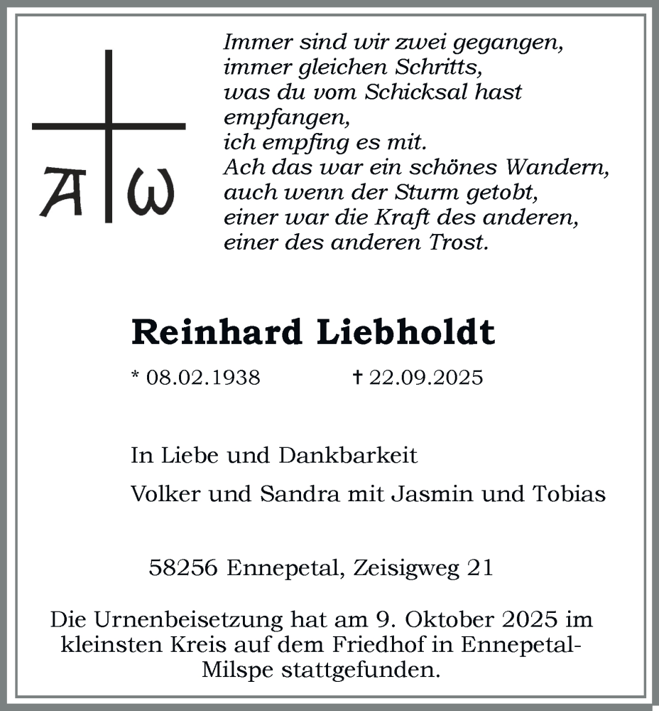  Traueranzeige für Reinhard Liebholdt vom 11.10.2025 aus Tageszeitung