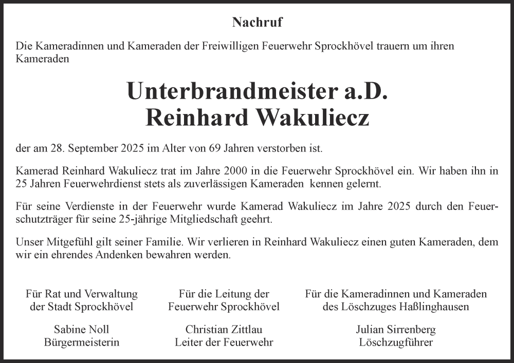  Traueranzeige für Reinhard Wakuliecz vom 18.10.2025 aus Tageszeitung