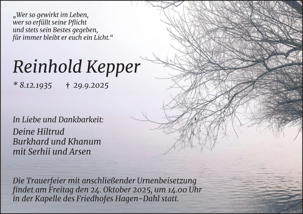  Traueranzeige für Reinhold Kepper vom 11.10.2025 aus Tageszeitung
