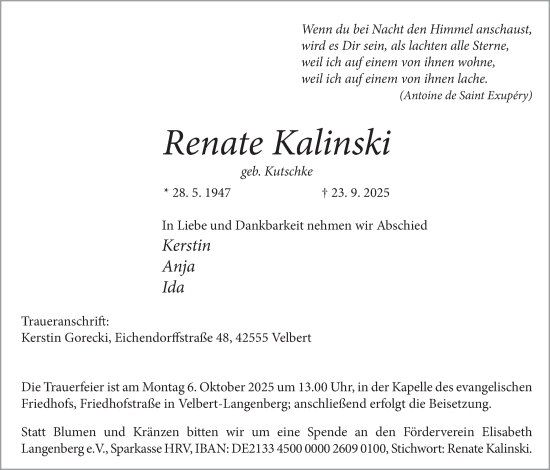 Traueranzeige von Renate Kalinski von Tageszeitung