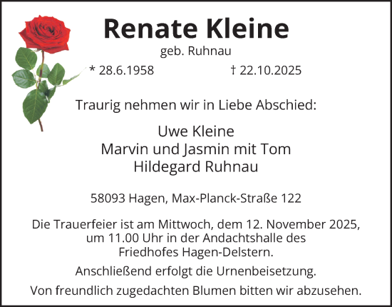 Traueranzeige von Renate Kleine von Tageszeitung