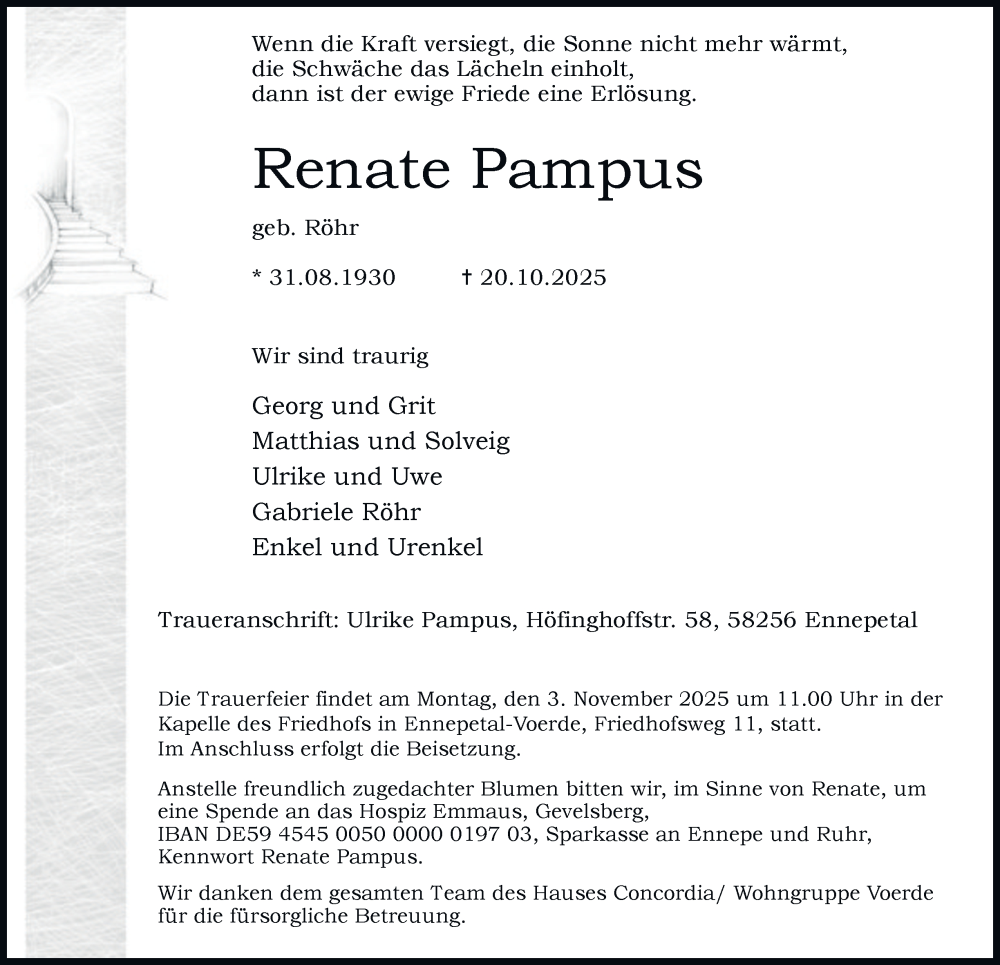  Traueranzeige für Renate Pampus vom 25.10.2025 aus Tageszeitung