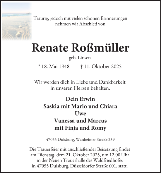 Traueranzeige von Renate Roßmüller von Tageszeitung