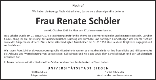 Traueranzeige von Renate Schöler von Tageszeitung