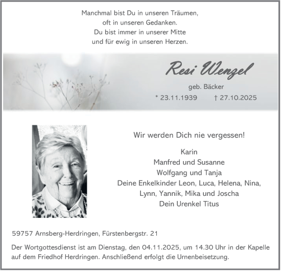 Traueranzeige von Resi Wenzel von Tageszeitung
