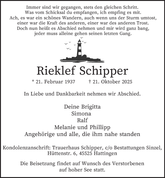 Traueranzeige von Rieklef Schipper von Tageszeitung