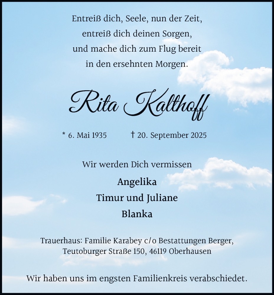  Traueranzeige für Rita Kalthoff vom 04.10.2025 aus Tageszeitung
