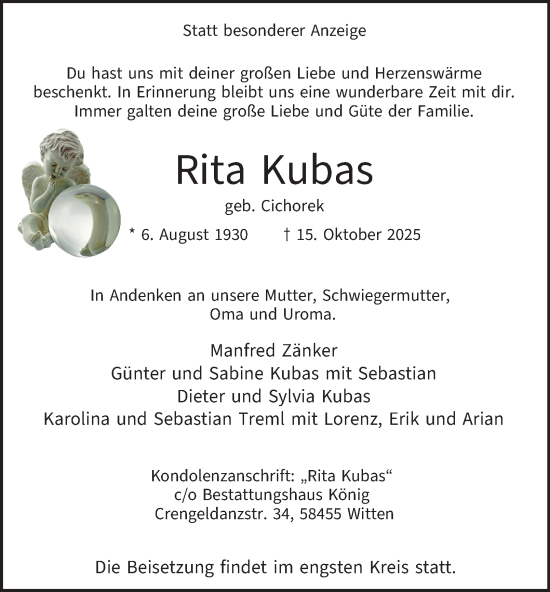 Traueranzeige von Rita Kubas von Tageszeitung