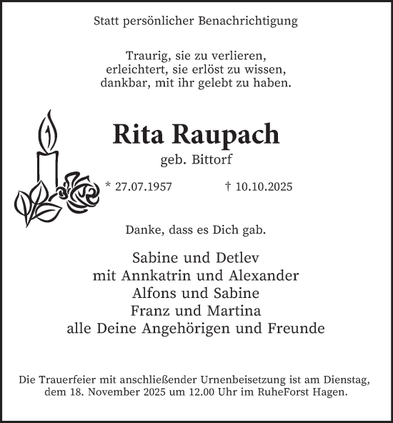 Traueranzeige von Rita Raupach von Tageszeitung