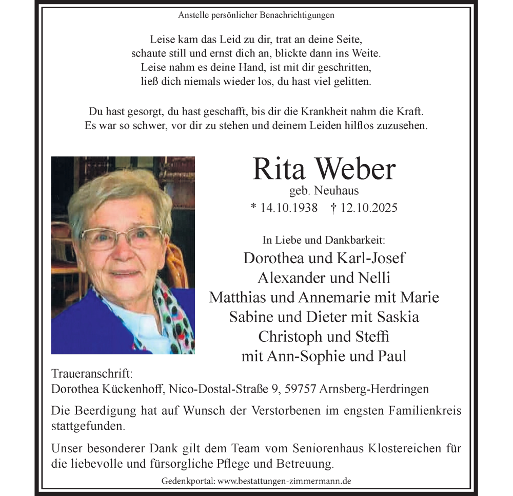  Traueranzeige für Rita Weber vom 18.10.2025 aus Tageszeitung