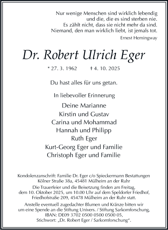 Traueranzeige von Robert Ulrich Eger von Tageszeitung