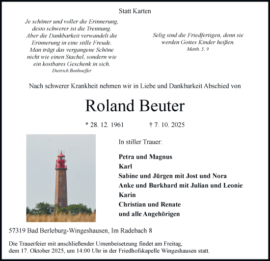 Traueranzeige von Roland Beuter von Tageszeitung