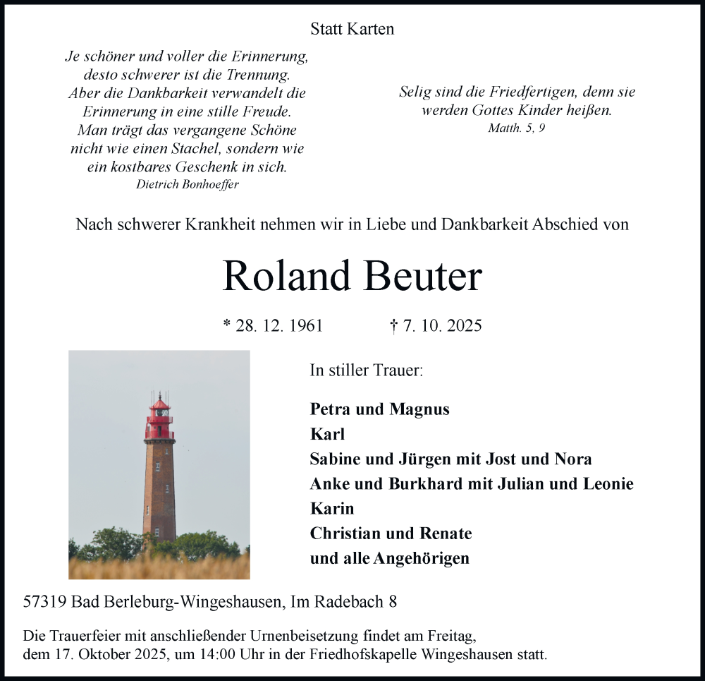  Traueranzeige für Roland Beuter vom 11.10.2025 aus Tageszeitung