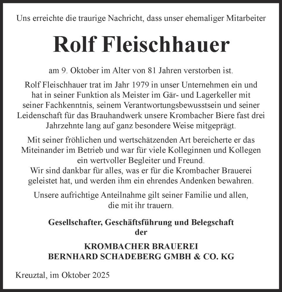  Traueranzeige für Rolf Fleischhauer vom 18.10.2025 aus Tageszeitung