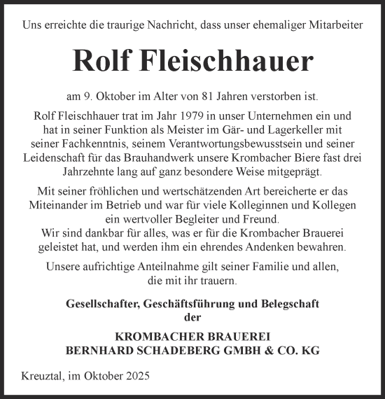 Traueranzeige von Rolf Fleischhauer von Tageszeitung