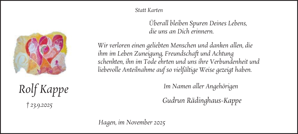  Traueranzeige für Rolf Kappe vom 01.11.2025 aus Tageszeitung