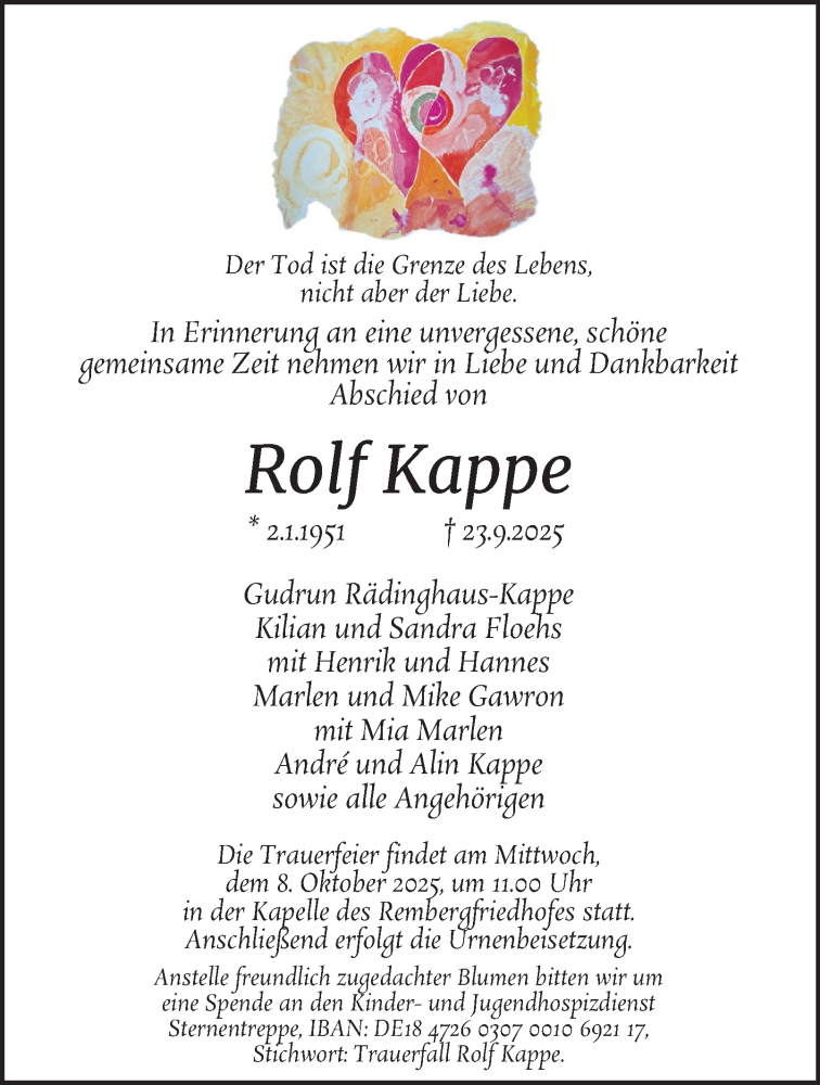  Traueranzeige für Rolf Kappe vom 04.10.2025 aus Tageszeitung