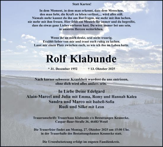Traueranzeige von Rolf Klabunde von Tageszeitung