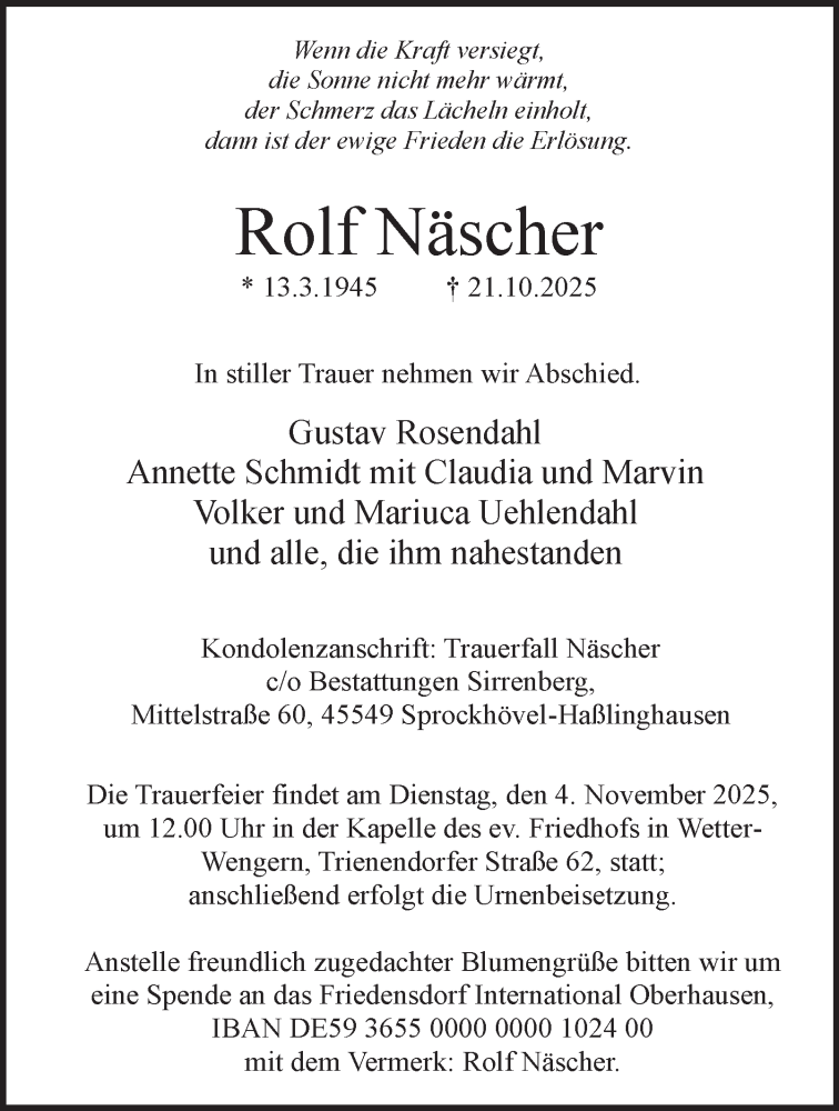  Traueranzeige für Rolf Näscher vom 25.10.2025 aus Tageszeitung