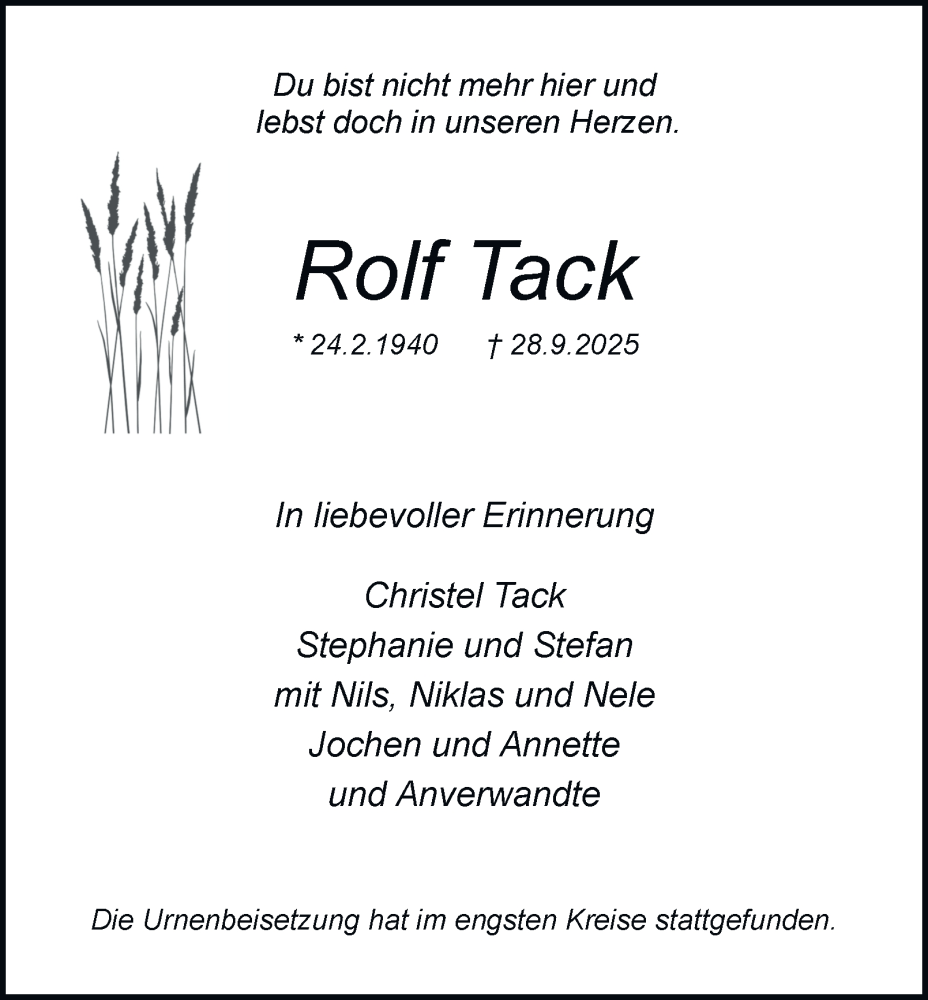  Traueranzeige für Rolf Tack vom 18.10.2025 aus Tageszeitung