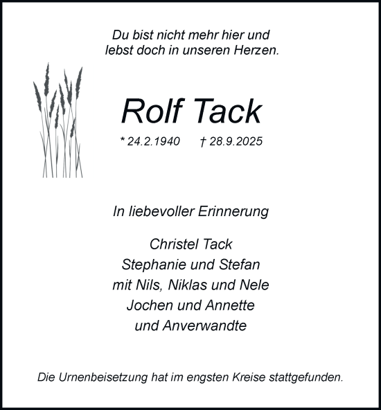 Traueranzeige von Rolf Tack von Tageszeitung
