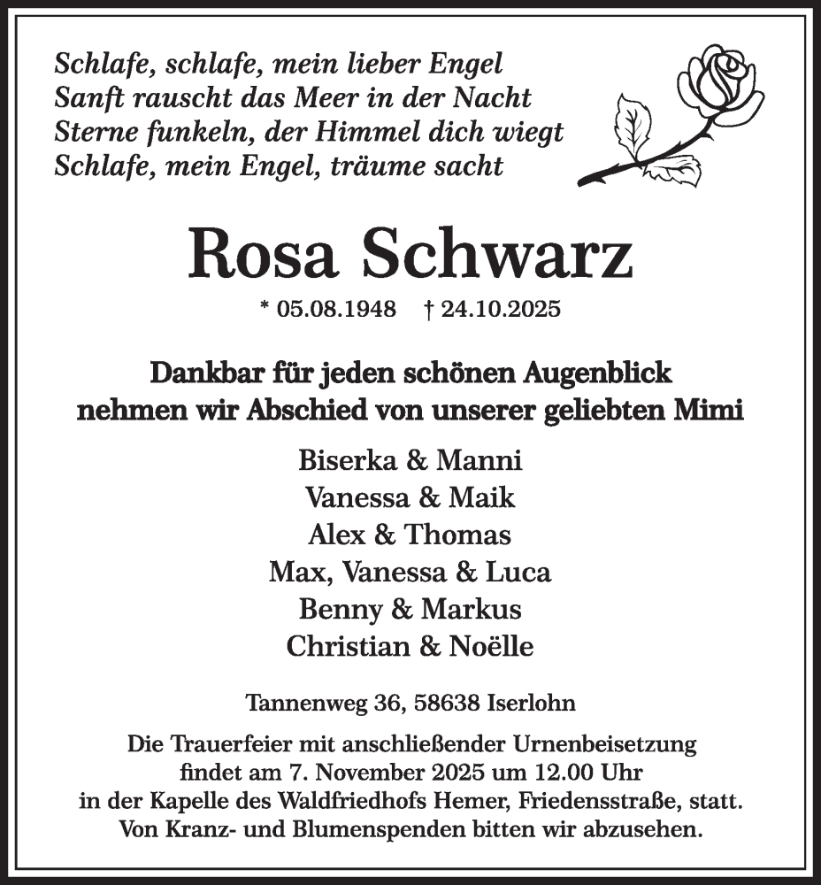  Traueranzeige für Rosa Schwarz vom 01.11.2025 aus Tageszeitung