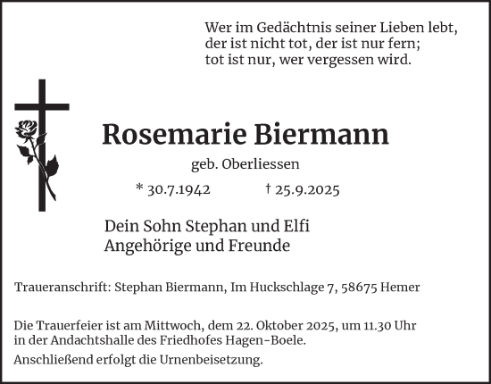 Traueranzeige von Rosemarie Biermann von Tageszeitung