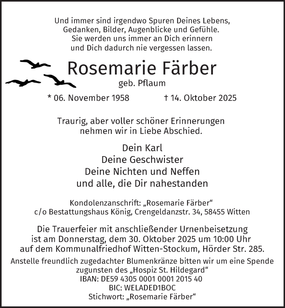  Traueranzeige für Rosemarie Färber vom 25.10.2025 aus Tageszeitung