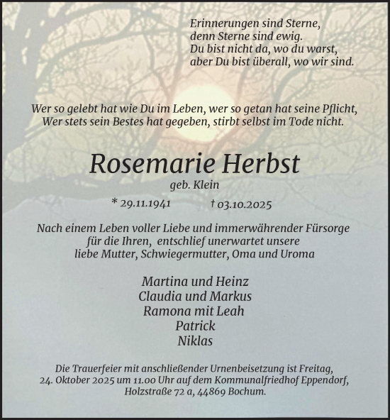 Traueranzeige von Rosemarie Herbst von Tageszeitung