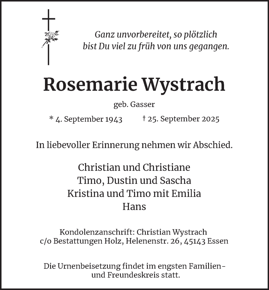  Traueranzeige für Rosemarie Wystrach vom 11.10.2025 aus Tageszeitung