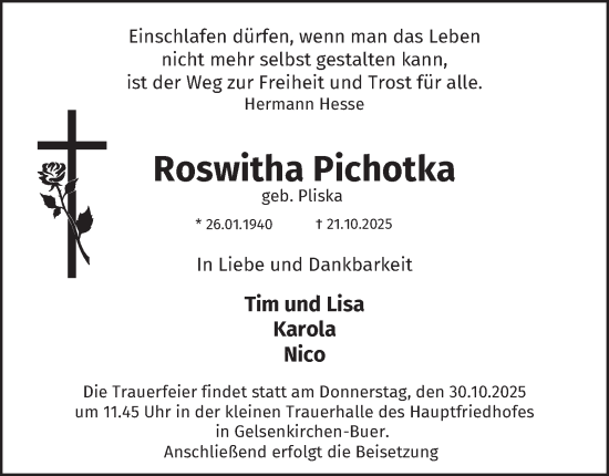 Traueranzeige von Roswitha Pichotka von Tageszeitung