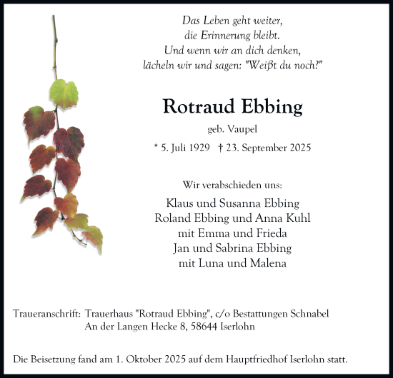 Traueranzeige von Rotraud Ebbing von Tageszeitung