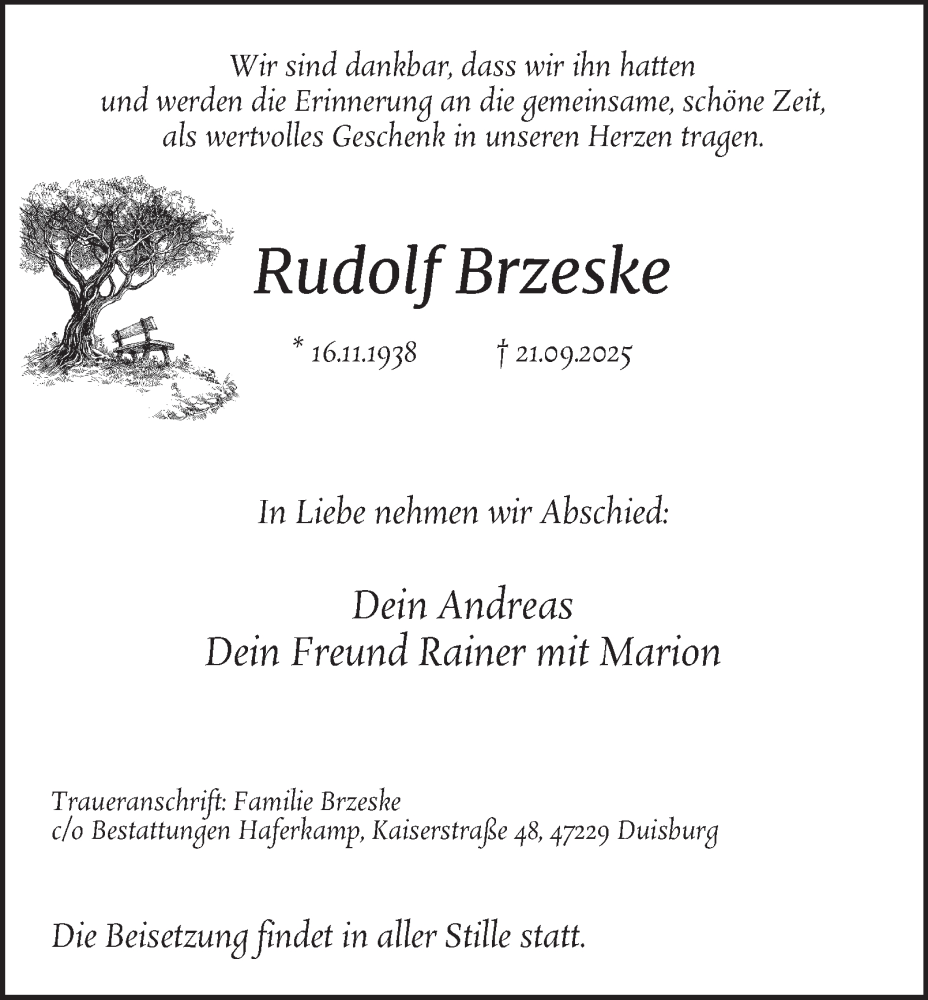  Traueranzeige für Rudolf Brzeske vom 04.10.2025 aus Tageszeitung