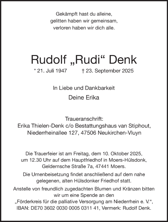Traueranzeige von Rudolf Denk von Tageszeitung